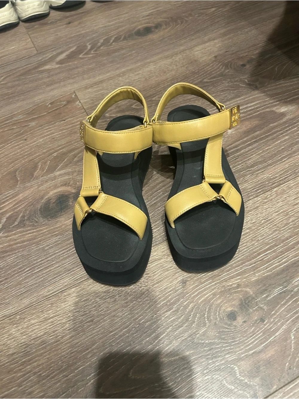 Tory Burch Mustard Yellow Leather Sport Sandals with Black Footbed